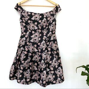 Francesca’s fit and flare, off-shoulder cocktail dress, mini length